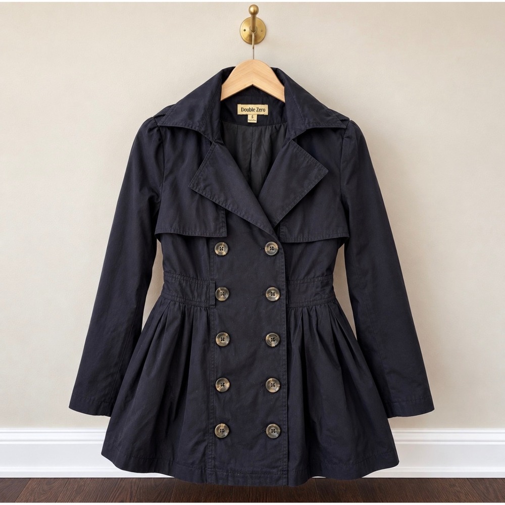 Double Zero Navy Blue Double Breasted Fit & Flare Trench Coat Jacket 12E570 S